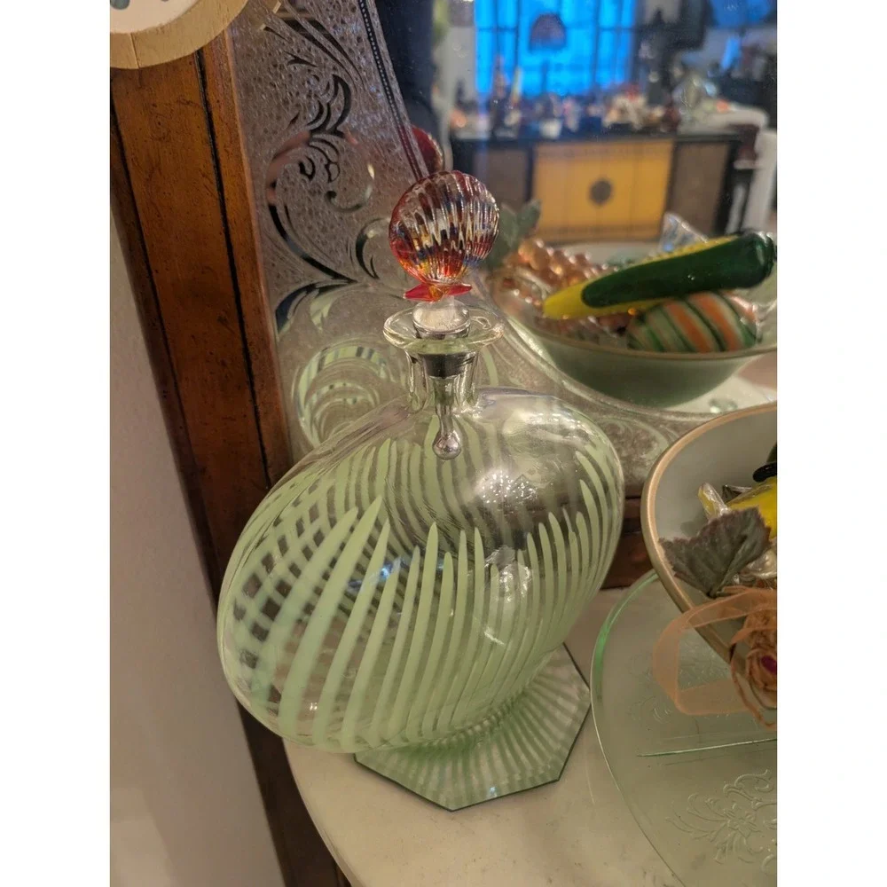 Retired Pier 1 Glass Vase W/ Green Stripes & Pier 1 Blown Glass Shell Stopper